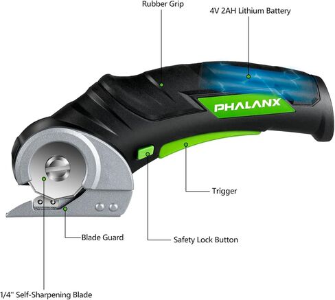 PHALANX Cordless Electric Scissors - 4V Cardboard Cutter with 2 Self-sharpening Cutter Blades, Rotary Cutter for Fabric Cutting, Power Box Cutter for Carpet with Safety Lock, Black in Kuwait