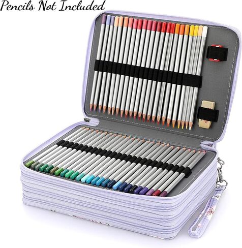 BTSKY Colored Pencil Case- 200 Slots Pencil Holder Pen Bag Large Capacity Pencil Organizer with Handle Strap Handy Colored Pencil Box with Printing Pattern (Light Blue Hummingbird) in Saudi Arabia