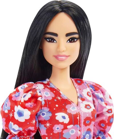 Barbie Fashionistas Doll, with Long Black Hair & Color Block Floral Dress with Puffed Sleeves, Strappy Purple Heels, Butterfly Ring, Toy for Kids 3 to 8 Years Old in Saudi Arabia
