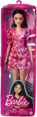 Barbie Fashionistas Doll, with Long Black Hair & Color Block Floral Dress with Puffed Sleeves, Strappy Purple Heels, Butterfly Ring, Toy for Kids 3 to 8 Years Old in Saudi Arabia