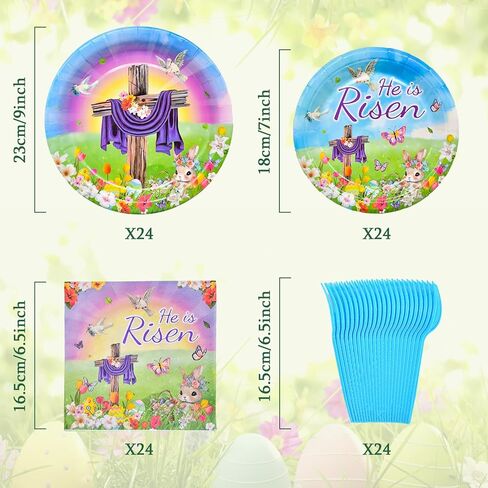 96 Pieces "He is Risen" Easter Day Tableware Set Party Supplies - Religious Theme Disposable Dinnerware with Paper Plates, Napkins, Forks for Spring Resurrection Christian Celebration Favors in Kuwait