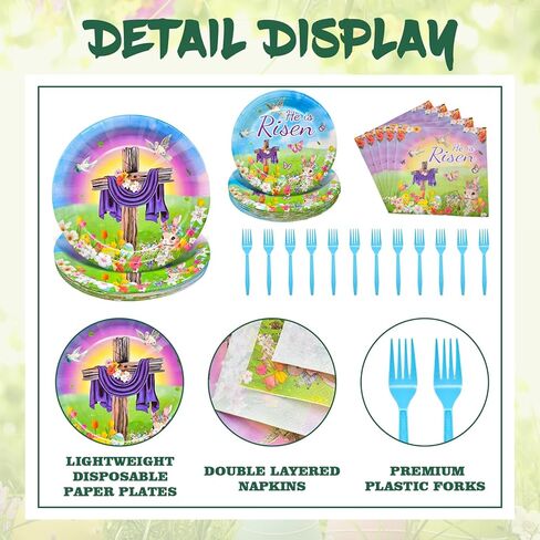 96 Pieces "He is Risen" Easter Day Tableware Set Party Supplies - Religious Theme Disposable Dinnerware with Paper Plates, Napkins, Forks for Spring Resurrection Christian Celebration Favors in Kuwait