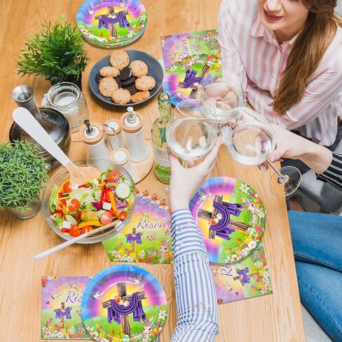96 Pieces "He is Risen" Easter Day Tableware Set Party Supplies - Religious Theme Disposable Dinnerware with Paper Plates, Napkins, Forks for Spring Resurrection Christian Celebration Favors in Kuwait