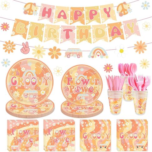 169Pcs Groovy Birthday Party Decorations Include Groovy Birthday Banner Hippie Daisy Paper Plates Napkins for Retro Hippie Rainbow Boho Birthday Party Decorations, Serves 24 in Saudi Arabia