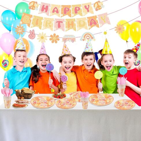 169Pcs Groovy Birthday Party Decorations Include Groovy Birthday Banner Hippie Daisy Paper Plates Napkins for Retro Hippie Rainbow Boho Birthday Party Decorations, Serves 24 in Saudi Arabia