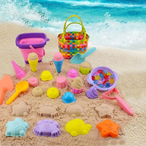 مجموعة ألعاب الشاطئ 22 قطعة من MUYIZI للأطفال + 25 قطعة من حيوانات البحر الأكريليك، دلو قابل للطي، مجموعة مجرفة مع سلة منسوجة وحقيبة شبكية وقوالب رمل، ألعاب رمل الكعك الآيس كريم ألعاب الشاطئ للسفر للأطفال الصغار in Kuwait