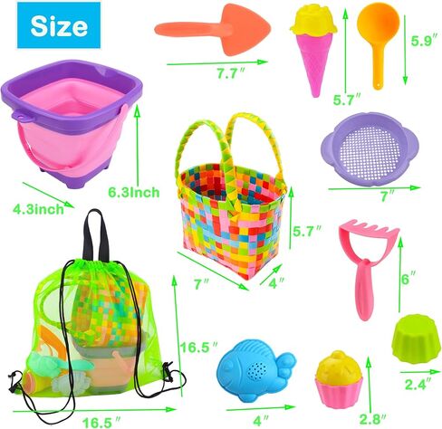 مجموعة ألعاب الشاطئ 22 قطعة من MUYIZI للأطفال + 25 قطعة من حيوانات البحر الأكريليك، دلو قابل للطي، مجموعة مجرفة مع سلة منسوجة وحقيبة شبكية وقوالب رمل، ألعاب رمل الكعك الآيس كريم ألعاب الشاطئ للسفر للأطفال الصغار in Kuwait