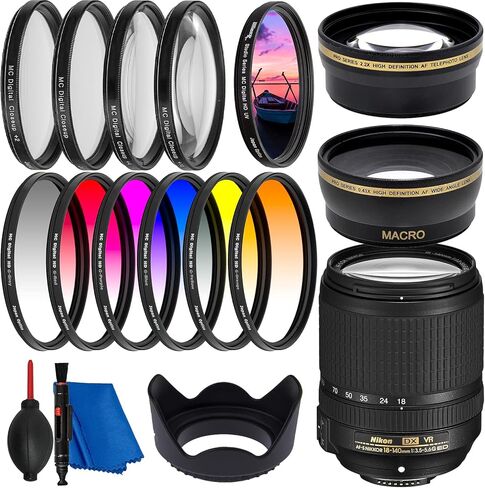 Nikon Intl AF-S DX NIKKOR 18-140mm f3.5-5.6G ED VR Lens Filter Bundle - Includes: Professional Telephoto Lens Attachment + 0.43X Wide Angle Lens Attachment + 6PC Gradual Color Filter Set + More in Saudi Arabia