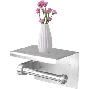 Double Toilet Paper Holder with Phone Shelf Dual Roll Tissue Holder Dispenser Wall Mounted SUS304 Commercial Stainless Steel Roll Holder Storage Cool Bathroom Accessory (Silver)