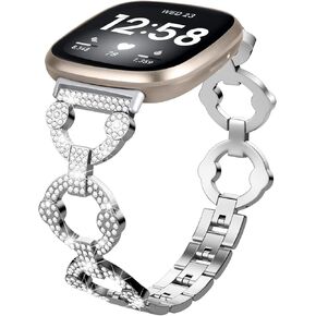 FitTurn Bling Bands Compatible Fitbit Versa 4/Sense 2/Versa 3 Metal Wristband Strap with Diamond Women Girls Matt stainless steel Bracelet adornment band for Fitbit Versa 4/Sense 2/Versa 3 smart watch