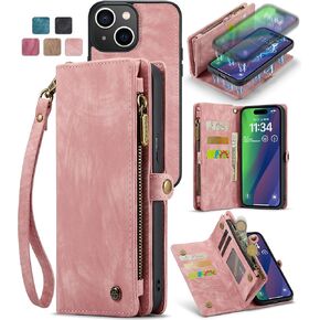 iPhone 15 Wallet Case,iPhone 15 Zipper Folio Leather Case Wallet with Card Holder Strap Wristlet Detachable Magnetic Protective Back Case for iPhone 15 5G 6.1 Inch (Blue)