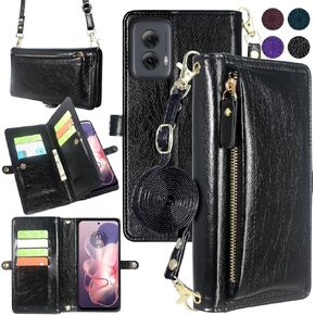 Harryshell Crossbody for Motorola Moto G Power 5G 2024 Wallet Case [10 Card Slots] with [Theft-Scan Blocking],Cash Coin Zipper Pocket Long Shoulder & Wrist Strap (Floral Purple)