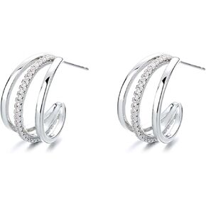 Tripe Hoop Earrings for Women Gold Triple Hoop Earrings for One Hole Rhinestone Stud Earrings Double Huggie Hoop Earrings Trendy Earrings for Women 2024