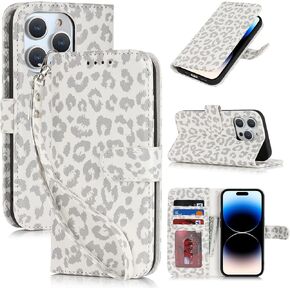 iCoverCase for iPhone 14 Pro Max Phone Case Wallet with Card Holder, iPhone 14 Pro Max Wallet Case for Women Men with Wrist Strap, PU Leather Kickstand Flip Cover Case 6.1 Inch (White Leopard)
