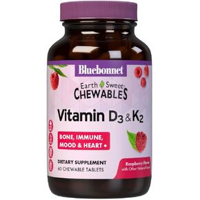 Bluebonnet Nutrition Vitamin D3 & K2 EarthSweet Chewable Tablets, for Immune, Mood & Heart Health*, Soy-Free, Gluten-Free, Non-GMO, Kosher Dairy, 60 Raspberry Flavor Chewable Tablets, 60 Servings