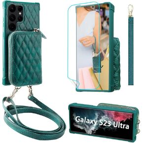 MONASAY Zipper Wallet Case Fit for Samsung Galaxy S23 Ultra,[RFID Blocking] Flip Leather Handbag Phone Cover with Card Holder& Crossbody Shoulder Lanyard Strap, Dark Green