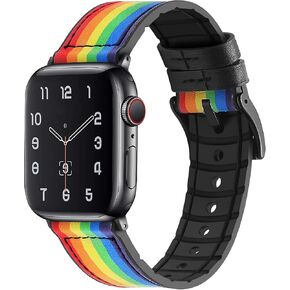 Pride Band Compatible with Apple Watch Ultra/Ultra 2 Band 49mm 46mm 45mm 44mm 42mm 40mm 38mm 41mm for Series 10 9 8 7 SE 6 5 4 3 2, Rainbow Genuine Leather Silicone Hybrid iWatch Bands for Women Men