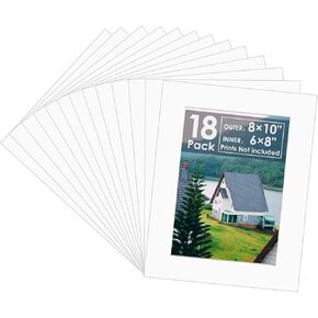18 Pack White Picture Mats, 8x10 for 6x8 Picture Frame Mats, Acid Free, 4 Ply Thickness, White Core Bevel Cut Frame Mattes for Photos, Artworks