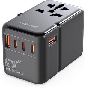 محول السفر العالمي MINIX 100 واط مع كابل USB C قابل للسحب، محول الطاقة الدولي GaN III، منافذ Type-C*3 USB-A*1، مخرج تيار متردد، شاحن سفر عالمي لأجهزة الكمبيوتر المحمولة والأجهزة اللوحية والهواتف والكاميرات in Kuwait