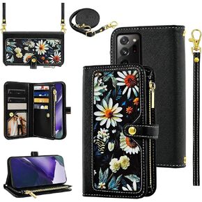 Floral Wallet Case for Samsung Galaxy Note 20 Ultra 5G with Wrist Strap Shoulder Strap Flip Zipper Purse Stand Phone Cover for Note20 Plus Notes 20Ultra Note20+ U + 20+ Twenty Not S20 Blue