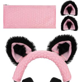 Geekria NOVA Knit Fabric Headband Cover + Cat Ears Attachment Compatible with Razer, SteelSeries, HyperX, Sennheiser, Astro, Sony, Logitech, ATH Headphones, Head Cushion Pad Protector (Black/Pink)