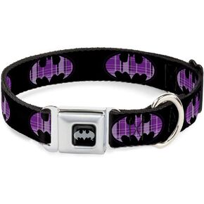 Buckle-Down Seatbelt Buckle Dog Collar - Batman Signal Black/Purple Plaid - 1" Wide - Fits 15-26" Neck - Large