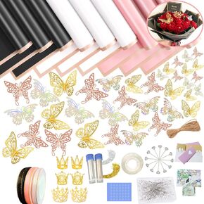 60 Sheets Bouquet Wrapping Paper - 233Pcs Waterproof Flower Wrapping Kit in Black Pink White With Ribbons, Pins, 3D Butterflies, Greeting Cards, Crowns, Golden&Silver Glitter Powder and Hemp Rope for Florist Bouquet Gift Packaging
