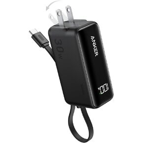 Anker Power Bank USB C Charger Block,3-in-1 5,000mAh Portable Charger with Built-in Lightning Cable and Foldable AC Plug,30W Max Compact Battery Pack,for iPhone 14 Series, Galaxy, MacBook,and More