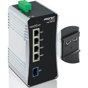 Procet Gigabit PoE Switch 4-Port Din Rail, 90W/Port, Industrial PoE++ Fiber Media Converter with Wide Temp -40°F to 149°F, SFP Slot, Boost, 12-57V DC Input, IEEE802.3af/802.3at/802.3bt, PT-PIS4PB1S-E