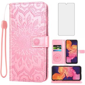 Phone Case for Samsung Galaxy A20S Wallet Cases with Tempered Glass Screen Protector Sunflower Leather Slim Flip Cover Card Holder Stand Cell Accessories Glaxay A 20S Plus Gaxaly A207M Women Rose Gold