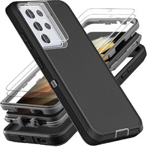 for Samsung Galaxy S21 Ultra Case, Military Grade Shockproof/Drop Proof/Dust Proof Case with 2Pcs Self Healing Flexible TPU Screen Protector & Camera Lens Protector (Black/Grey)