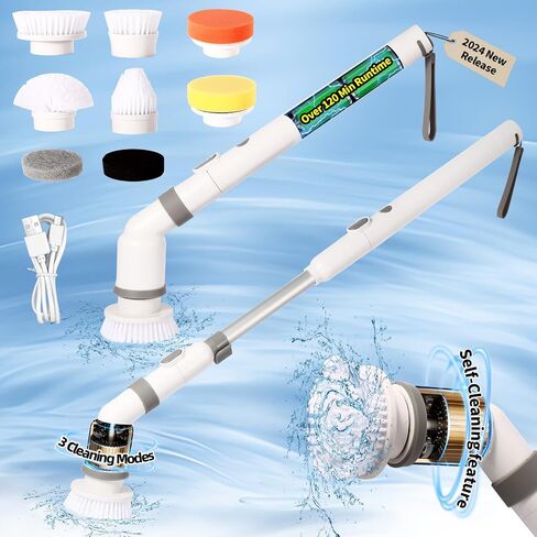 Electric Spin Scrubber, 2024 New, with Self-Clean, 3 Cleaning Modes, 8 in 1 for Bathroom Cleaning, Shower Scrubber with Long Handle, Power Scrubbers for Tiles and Tubs, Shower Cleaner Brush Electric in Saudi Arabia