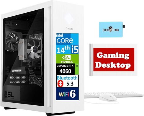 كمبيوتر مكتبي HP OMEN 25L Snow White للألعاب (Intel i5-14400F، 32GB DDR5، 256GB SSD+1TB HDD، GeForce RTX 4060 8GB، 600W PSU، WiFi 6، بلوتوث، 3 منافذ عرض (DP)، Win 11 Home) مع كيلو بايت والماوس وDockztorm in Saudi Arabia