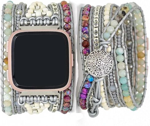Compatible with Fitbit Versa/Versa 2/Versa Lite/Versa SE Bands Boho Beads Bracelets,Multilayer 5 Wraps Chakra Leather Handmade Braided Stone Love Heart Floral Rope Watch Strap for Women Men in Saudi Arabia