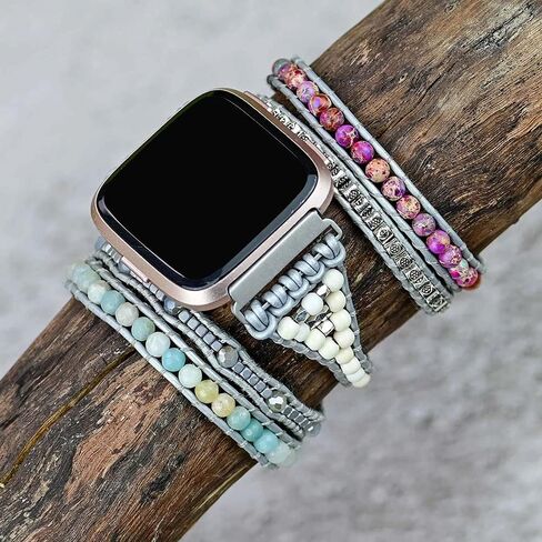 Compatible with Fitbit Versa/Versa 2/Versa Lite/Versa SE Bands Boho Beads Bracelets,Multilayer 5 Wraps Chakra Leather Handmade Braided Stone Love Heart Floral Rope Watch Strap for Women Men in Saudi Arabia