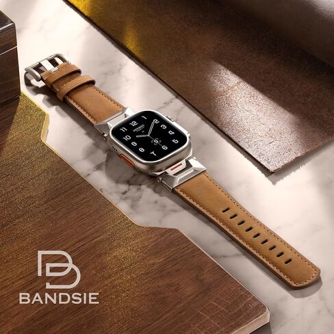 Bandsie Classic Genuine Leather Band Compatible with Apple Watch Ultra 2/Ultra 49mm for Men - iWatch Band 46mm 45mm 44mm Strap with Rugged Stainless Steel Metal Connectors for Series 10 9 8 7 6 5 4 SE in Saudi Arabia
