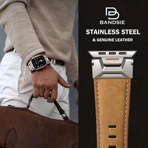 Bandsie Classic Genuine Leather Band Compatible with Apple Watch Ultra 2/Ultra 49mm for Men - iWatch Band 46mm 45mm 44mm Strap with Rugged Stainless Steel Metal Connectors for Series 10 9 8 7 6 5 4 SE in Saudi Arabia