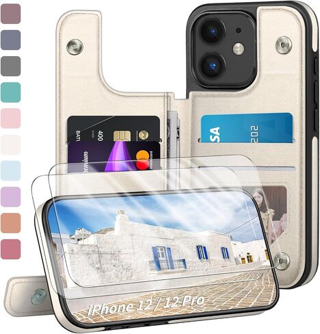 Designed for iPhone 12/12 Pro Case Wallet, Card Holder Case with [2 Screen Protectors][Magnetic Clasp Folio Cover][RFID Blocking Leather] Shockproof Women Men Cases 6.1" for Apple 12 Light Brown in Saudi Arabia