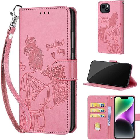 Designed for iPhone 15 Case Wallet,Women Flip Folio Cover with Embossed PU Leather Stand Credit Card Holders Slots Wrist Strap Phone Case for iPhone 15 6.1 Inch (Gray Flower) in Kuwait