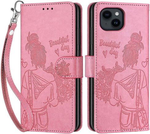 Designed for iPhone 15 Case Wallet,Women Flip Folio Cover with Embossed PU Leather Stand Credit Card Holders Slots Wrist Strap Phone Case for iPhone 15 6.1 Inch (Gray Flower) in Kuwait