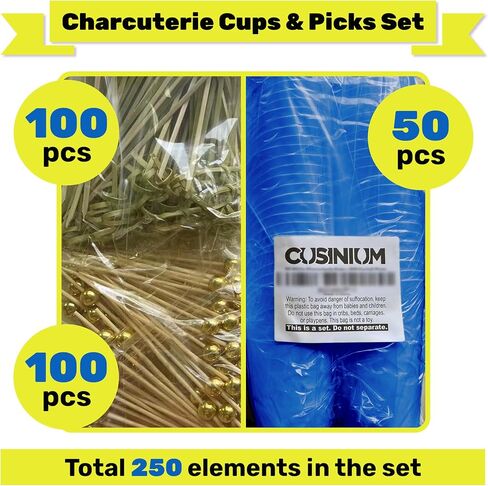 CUSINIUM [50 cups + 200 picks 14 oz Black Charcuterie Cups with Cocktail Picks (2 types) - Disposable Cardboard Paper Appetizer Cups, Popcorn Boxes in Kuwait