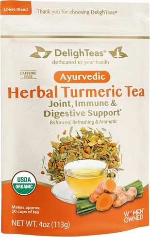شاي الزنجبيل والكركم العضوي من DelightTeas | شاي الكركم العشبي ذو الأوراق الفضفاضة من الأيورفيدا لدعم المفاصل والمناعة والجهاز الهضمي | غير معدل وراثيًا، خالي من الكافيين، غير محلى | 75 حصة، 6 أونصة. in Kuwait