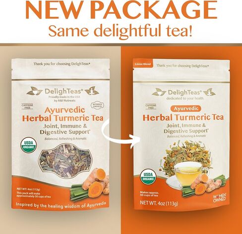 شاي الزنجبيل والكركم العضوي من DelightTeas | شاي الكركم العشبي ذو الأوراق الفضفاضة من الأيورفيدا لدعم المفاصل والمناعة والجهاز الهضمي | غير معدل وراثيًا، خالي من الكافيين، غير محلى | 75 حصة، 6 أونصة. in Kuwait