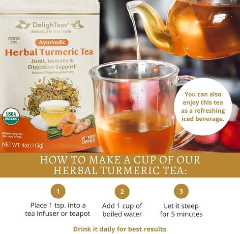 شاي الزنجبيل والكركم العضوي من DelightTeas | شاي الكركم العشبي ذو الأوراق الفضفاضة من الأيورفيدا لدعم المفاصل والمناعة والجهاز الهضمي | غير معدل وراثيًا، خالي من الكافيين، غير محلى | 75 حصة، 6 أونصة. in Kuwait