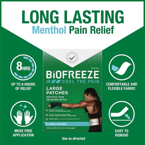 Biofreeze Menthol Overnight Pain Relief Patches (4 Per Box) -Topical Analgesic Pain Relief for Sore Muscles, Arthritis, Backache, Strains, Bruises, Sprains and Joint Pain (Package May Vary) in Kuwait
