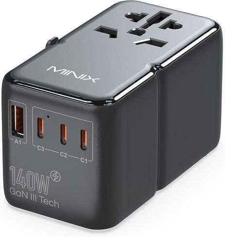 MINIX 100W Universal Travel Adapter with Retractable USB C Cable,GaN III International Power Adapter, Type-C*3 USB-A*1 Ports, AC Outlet, Worldwide Travel Charger for Laptops Tablets Phones Cameras in Saudi Arabia