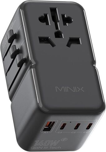 MINIX 100W Universal Travel Adapter with Retractable USB C Cable,GaN III International Power Adapter, Type-C*3 USB-A*1 Ports, AC Outlet, Worldwide Travel Charger for Laptops Tablets Phones Cameras in Saudi Arabia