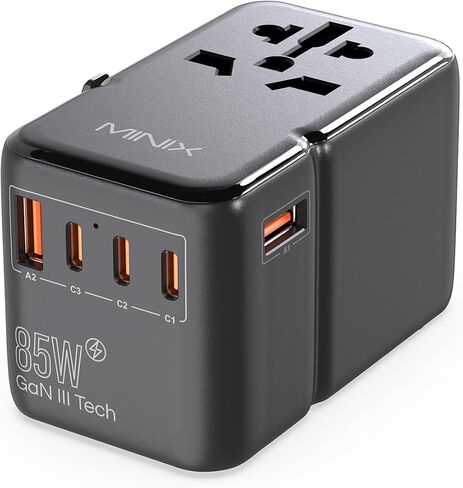 محول السفر العالمي MINIX 100 واط مع كابل USB C قابل للسحب، محول الطاقة الدولي GaN III، منافذ Type-C*3 USB-A*1، مخرج تيار متردد، شاحن سفر عالمي لأجهزة الكمبيوتر المحمولة والأجهزة اللوحية والهواتف والكاميرات in Kuwait