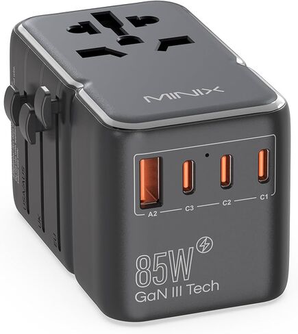 محول السفر العالمي MINIX 100 واط مع كابل USB C قابل للسحب، محول الطاقة الدولي GaN III، منافذ Type-C*3 USB-A*1، مخرج تيار متردد، شاحن سفر عالمي لأجهزة الكمبيوتر المحمولة والأجهزة اللوحية والهواتف والكاميرات in Kuwait