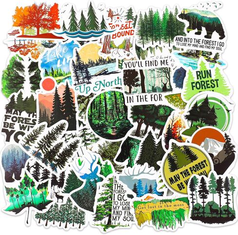 Zonon 100pcs Green Forest Stickers Waterproof Mountain Decals Vinyl Sticker Decals Tree Camping Hiking Natural Outdoor Stickers for Water Bottles Laptop Phone Skateboard Forest Animal Stickers in Saudi Arabia